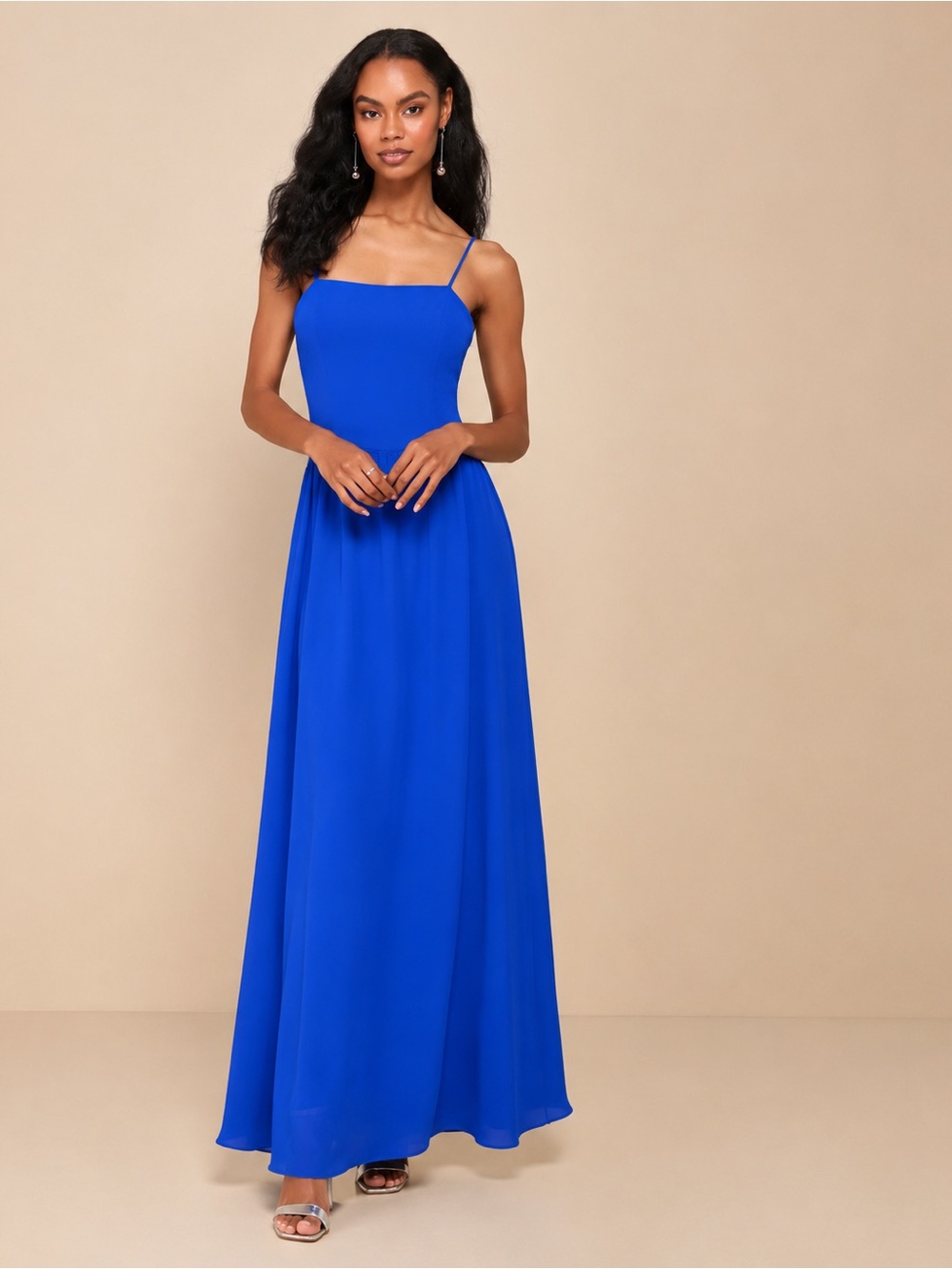Elegant Square-Neck Maxi Dress in Cobalt Blue